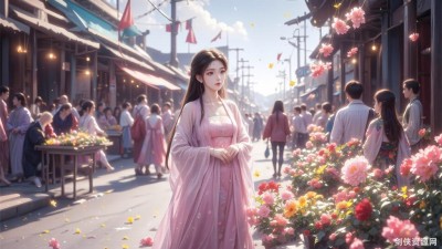 【AI咒语】动漫古风繁华的古代集市-粉色古风襦裙的少女ai绘画关键词！